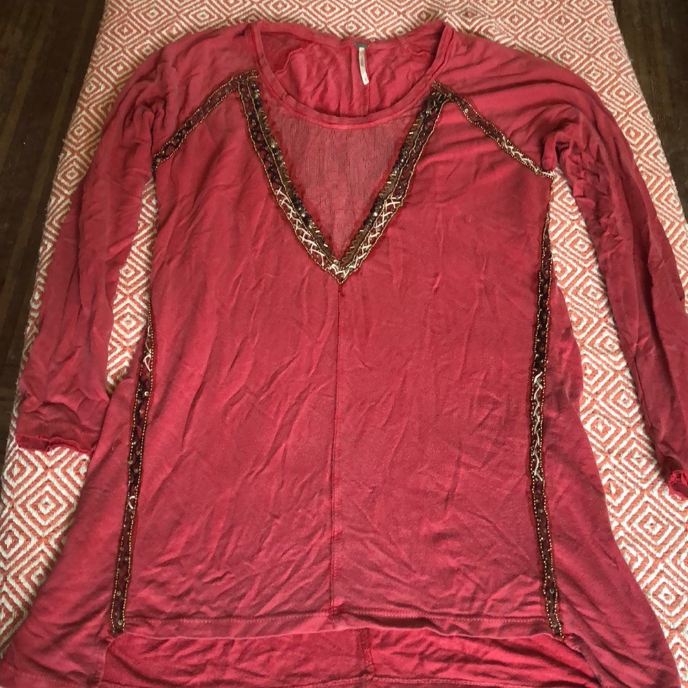 FREE PEOPLE TUNIC RED WITH BEADWORK SZ S